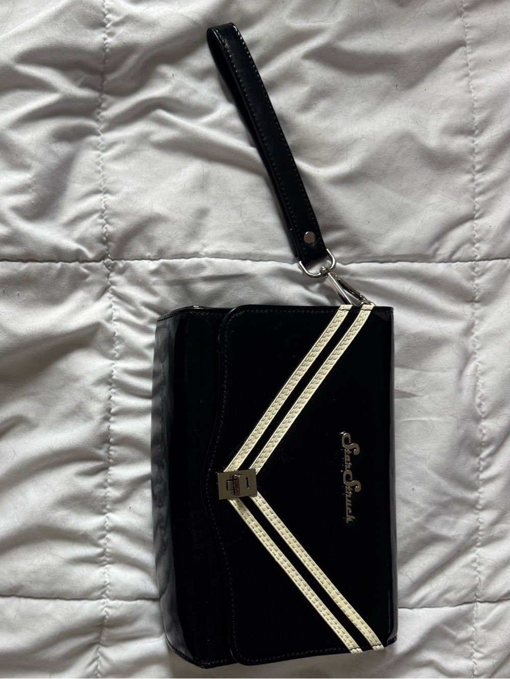 Black and Cream Patent Wristlet Clutch